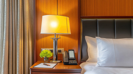 A beautifully arranged hotel room featuring a cozy bedside table with a lamp, amenities, and decorative elements, creating a warm and inviting atmosphere for guests.の素材