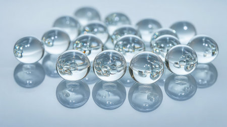 A stunning arrangement of clear glass marbles showcasing beautiful reflections and soft light effects on a smooth surface, perfect for artistic and design projects.の素材