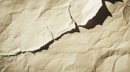 This image features a close-up of cracked paper with natural light creating shadow effects, offering a warm and textured background suitable for various creative projects.の素材