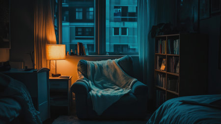 A tranquil bedroom scene featuring a cozy chair draped with a soft blanket, illuminated by warm light, creating a serene atmosphere with an urban view outside.の素材