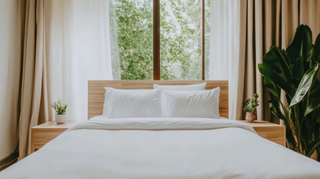 This cozy bedroom features a bright window, soft linens, and lush greenery, creating a serene atmosphere ideal for relaxation and modern living.の素材