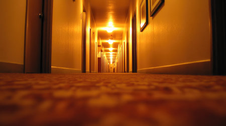 A serene hotel corridor captured at night, featuring warm lighting and rich carpet detail, creating an inviting atmosphere perfect for travel and hospitality themes.の素材