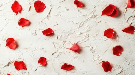 Gorgeous red rose petals scattered on a textured white background, perfect for enhancing romantic designs, wedding themes, and creative floral arrangements.の素材