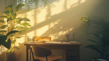 A cozy home office featuring a wooden desk and chair, surrounded by lush indoor plants, bathed in warm natural light for a tranquil work environment.の素材