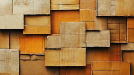 A creative and abstract arrangement of brown cardboard boxes in various sizes creates an interesting background texture suitable for artistic and design projects.の素材