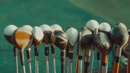 This image showcases a well-organized collection of golf clubs and balls on a vibrant green surface, ideal for capturing the essence of golf and sportsmanship for enthusiasts.の素材