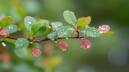 Captivating close-up of green leaves adorned with glistening dewdrops in a serene natural setting, showcasing the beauty and freshness of nature in the morning light.の素材