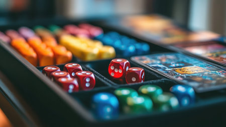 A vibrant collection of board game components, featuring colorful dice, tokens, and cards organized for an exciting game night experience with friends and family.の素材
