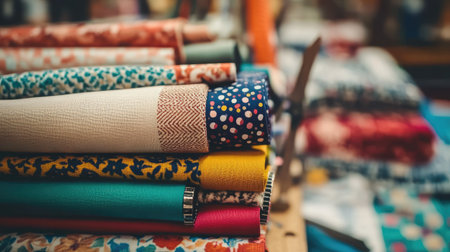 A vibrant display of rolled textile fabrics stacked in a craft store, offering an array of colors and patterns perfect for creative projects and design inspiration.の素材