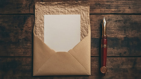 A beautiful vintage writing setup featuring an open envelope and blank paper beside a fountain pen, perfect for personal messages or creative projects on a wooden background.の素材