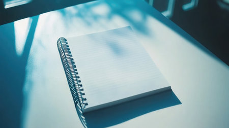 An empty spiral notebook sits on a desk, bathed in natural light, creating a serene atmosphere perfect for jotting down thoughts or ideas. Ideal for writers and creators.の素材