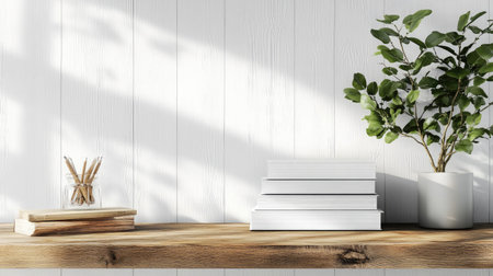 A serene and minimalist shelf scene showcasing white books stacked neatly, a green plant in a pot, and a rustic wooden surface, perfect for modern home decor inspiration.の素材