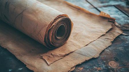 A beautifully rolled piece of vintage paper lies on a rustic surface, showcasing the charm of aged materials and their role in the world of art and creativity.の素材