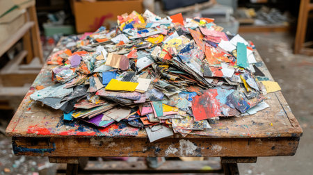 A vibrant collection of colorful palette scraps and paint chips scattered on a rustic table in an artist's studio, showcasing the beauty of creative chaos and artistic inspiration.の素材