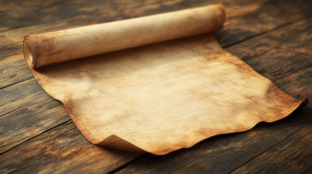 A vintage parchment scroll lies flat on a rustic wooden surface, offering a textured backdrop perfect for artistic projects, writing, or historical themes. Ideal for creative uses.の素材