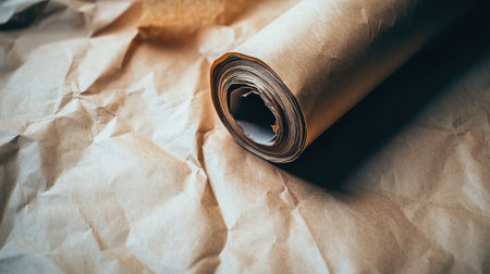 This image features a close-up of rolled brown craft paper resting on a crumpled brown surface, perfect for creative projects, gift wrapping, or artistic endeavors.の素材