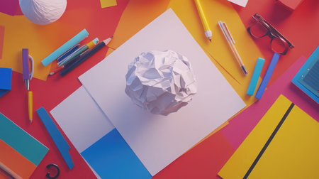 A visually engaging workspace featuring an abstract paper sculpture set against a lively geometric background, surrounded by art supplies and colorful stationery for creative inspiration.の素材