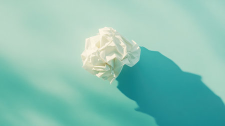 A crumpled paper ball on a turquoise background captures the essence of discarded thoughts, emphasizing creativity and simplicity through its vivid colors and soft shadows.の素材