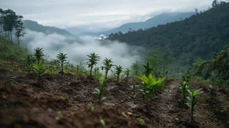 A serene landscape featuring young sprouts emerging from the earth, surrounded by misty mountains. This image captures the beauty of nature, growth, and tranquility in agriculture.の素材