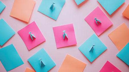 A vibrant arrangement of colorful sticky notes featuring eye-catching origami figures. Ideal for creative projects, workspace organization, or inspiring ideas.の素材