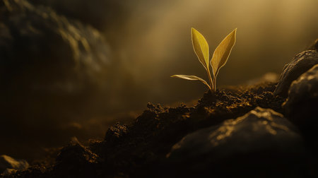 A delicate green plant sprouts from dark soil, illuminated by soft natural light, symbolizing growth and renewal in a serene outdoor environment.の素材