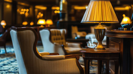 Experience the inviting atmosphere of a luxurious hotel lounge featuring plush armchairs and warm lighting, perfect for relaxation and upscale gatherings.の素材