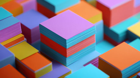 A striking arrangement of colorful paper squares in shades of pink, blue, yellow, and orange, ideal for creative projects and vibrant backgrounds, enhancing visual appeal.の素材