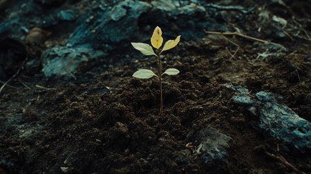 A vibrant green seedling breaks through dark soil, representing hope and growth in nature. This image captures the essence of resilience, beauty, and renewal in the natural world.の素材