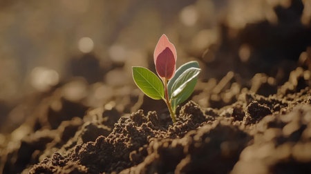 A young sprout rises from dark soil, bathed in sunlight, representing the beauty of nature's cycle of growth and renewal in an organic environment.の素材