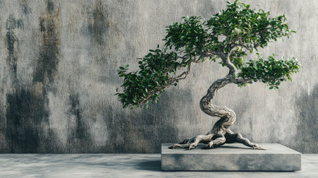 A captivating bonsai tree showcases intricate beauty against a textured wall. This image evokes feelings of peace and harmony, ideal for nature-themed decor and wellness concepts.の素材