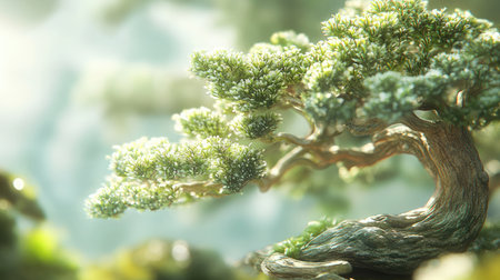 This stunning image showcases a bonsai tree bathed in soft light, highlighting its intricate details and vibrant greenery, perfect for evoking feelings of tranquility and nature's beauty.の素材
