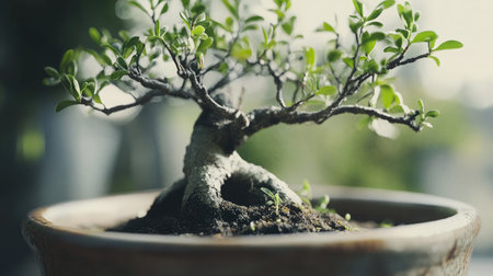 Beautiful close-up of a bonsai tree in a pot, showcasing its intricate branches and vibrant leaves, symbolizing peace and tranquility in nature's design.の素材