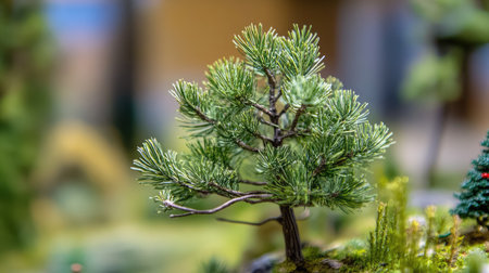 A stunning close-up view of a miniature pine tree with intricate details, surrounded by vibrant greenery, perfect for capturing the beauty of nature in model landscapes.の素材