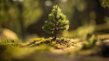 A breathtaking view of a small pine tree standing proudly amidst lush moss, illuminated by gentle sunlight, creating an enchanting atmosphere of natural beauty and tranquility.の素材