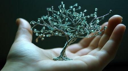 A handcrafted tree sculpture made from silver wire and beads, delicately held in a human hand, showcasing the beauty of nature and artistry in a serene composition.の素材