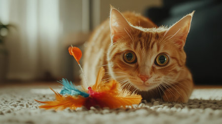 A curious ginger cat crouches playfully, ready to pounce on a colorful feather toy, showcasing its vibrant gaze and charming personality in a cozy indoor setting.の素材