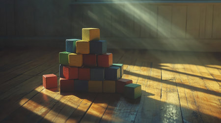 A vibrant arrangement of colorful blocks stacked in a sunlit room, casting playful shadows on the wooden floor, evoking creativity and childhood wonder.の素材