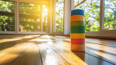 A stack of vibrant colorful tape rolls sits on a wooden floor, beautifully illuminated by natural sunlight filtering through large windows, creating a cheerful ambiance.の素材