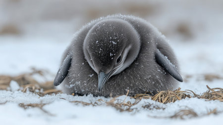 A charming close-up of a fluffy bird hatchling nestled in a snowy environment, showcasing the delicate textures of its feathers and the serene beauty of nature.の素材