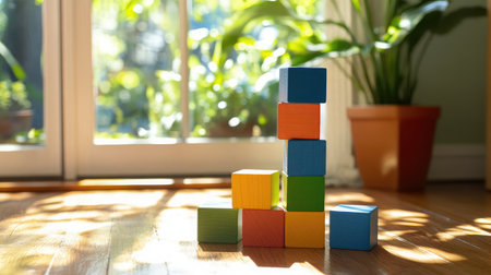 A vibrant arrangement of colorful building blocks stacked in a sunlit room, creating an inviting atmosphere filled with natural light and lush green plants.の素材