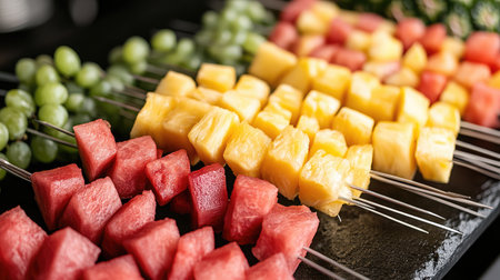 A vibrant assortment of fruit skewers featuring fresh watermelon, pineapple, and grapes on a black slate table, perfect for summer celebrations or healthy gatherings.の素材