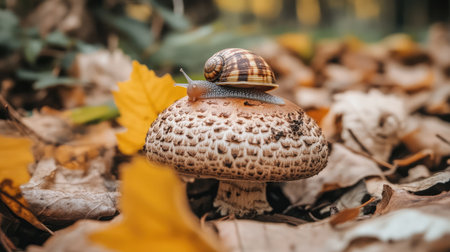 A charming snail perched on a mushroom highlights the connection between fauna and flora in a captivating autumnal forest. The soft focus adds a serene touch to the scene.の素材
