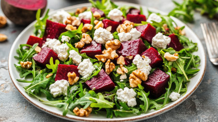 A vibrant salad featuring fresh arugula, tender beets, creamy goat cheese, and crunchy walnuts, perfect for a nutritious and colorful meal. Enjoy this healthy dish any time!の素材