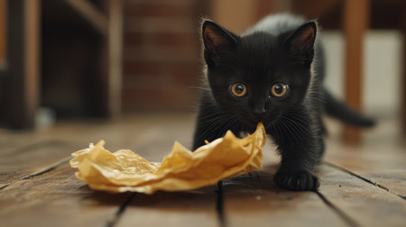 A charming black kitten with bright eyes curiously plays with a crumpled piece of paper on a wooden floor, showcasing its playful nature in a cozy and warm indoor setting.の素材
