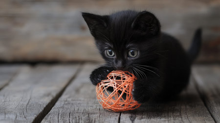 This charming image features a playful black kitten curiously engaging with a vibrant orange ball, set against a rustic wooden background, evoking warmth and joy.の素材