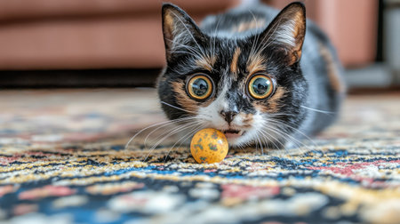A charming calico cat with large expressive eyes is focused on a yellow ball on a vibrant carpet, creating a delightful and engaging scene in a cozy indoor setting.の素材