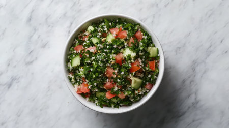 A vibrant tabouli salad featuring chopped parsley, fresh tomatoes, and crunchy cucumbers served in a white bowl on a marble surface, showcasing healthy eating.の素材