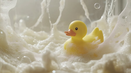 A cheerful yellow rubber duck floats amidst frothy bubbles in a bright bath setting, evoking joy and nostalgia, ideal for family-themed visuals and children's products.の素材