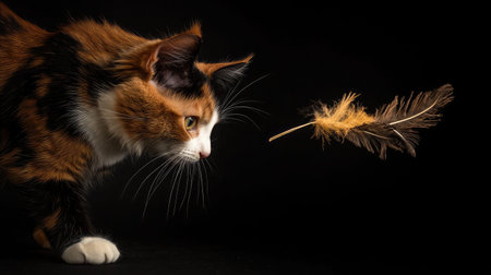 A curious calico cat intently observes a colorful feather toy, highlighting the playful nature and focus of this feline against a dark background. Perfect for pet lovers!の素材