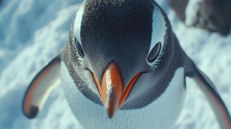 This striking close-up captures the essence of a gentoo penguin in its snowy environment, highlighting its unique features and exploring its behavior in the wild.の素材